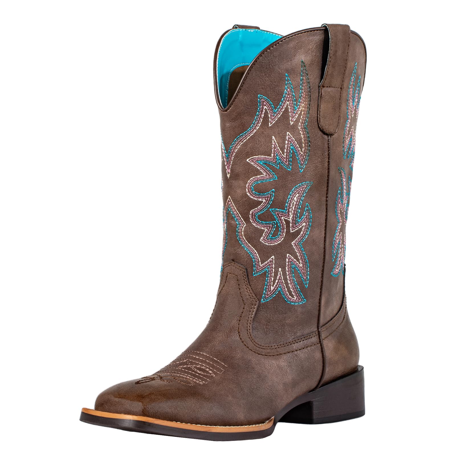 Cowboy Cowgirl Boots for Women Square Toe Embroidery Stitched Wide Calf Mid Shaft- Western Chunky Heel Fashion Boots