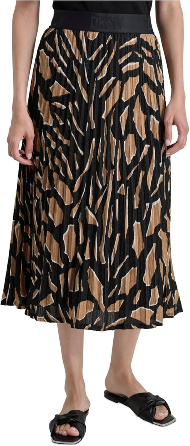 DKNY Women's Pull-On Printed Midi Skirt (Abstract Geo Truffle, Large)