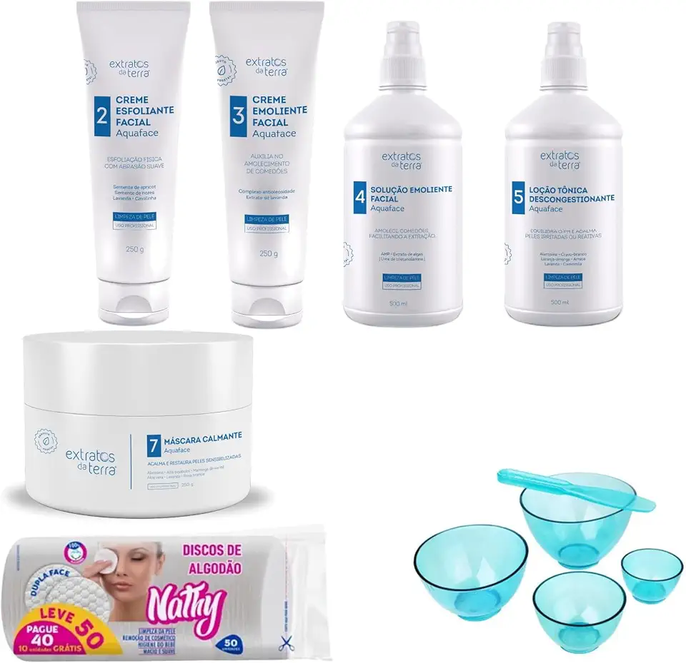 Kit Limpeza De Pele Profissional Aquaface Extratos Da Terra 6 Produtos + Kit Cubeta + Algodao