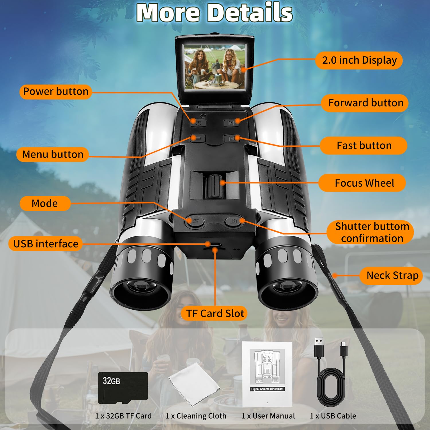 Jumelles numériques 12 x 32 pour adultes, avec caméra 48 MP, photo 2,5 K, écran LCD de 2,4" avec carte micro SD de 32 Go pour observation des oiseaux, chasse, football, concerts, théâtre