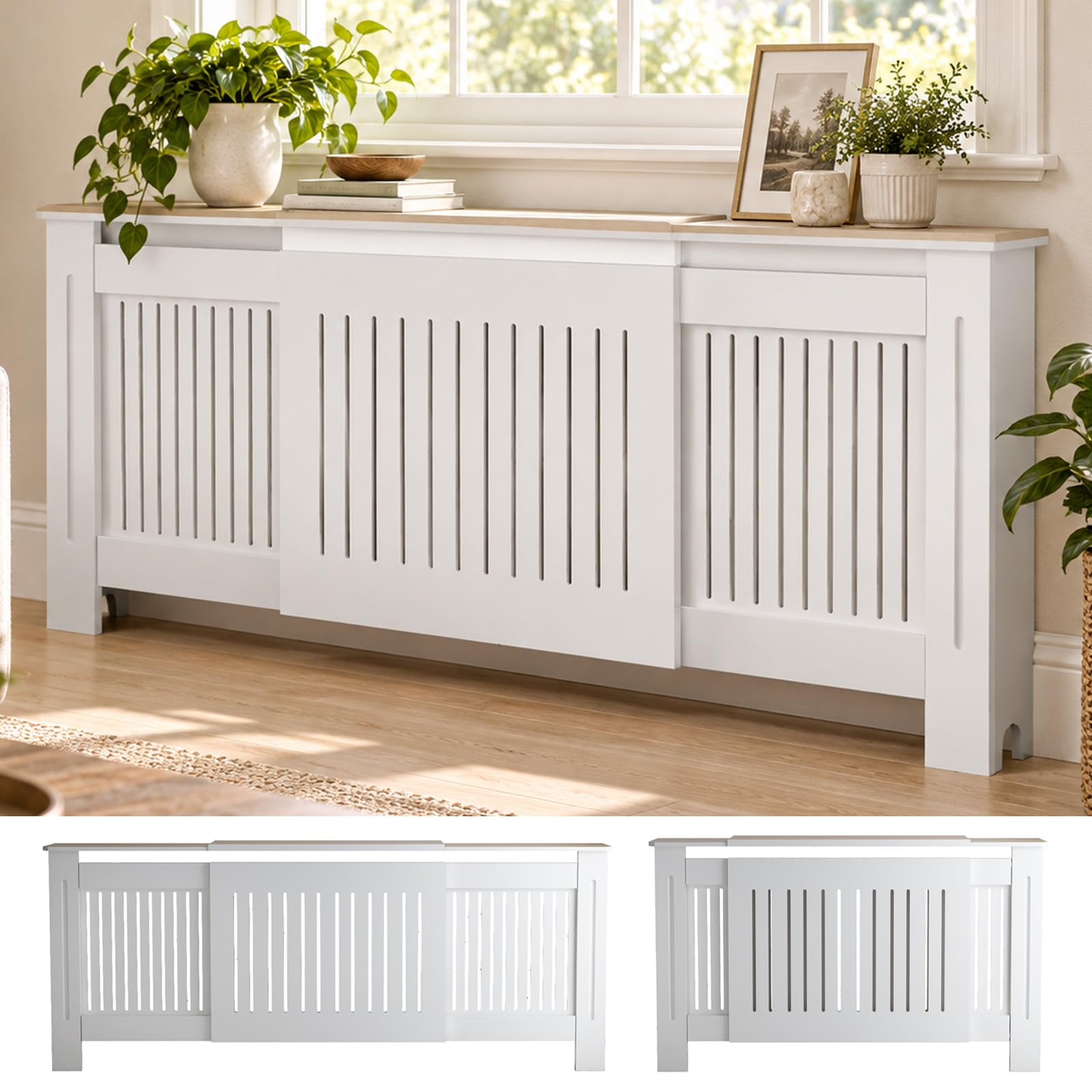 Extendable Wooden Baseboard Heater Guard with Top Shelf, Vertical Slatted Decorative Safety Shell Table for Hallway 55"-80" Adjustable Radiator Covers for Home (White)