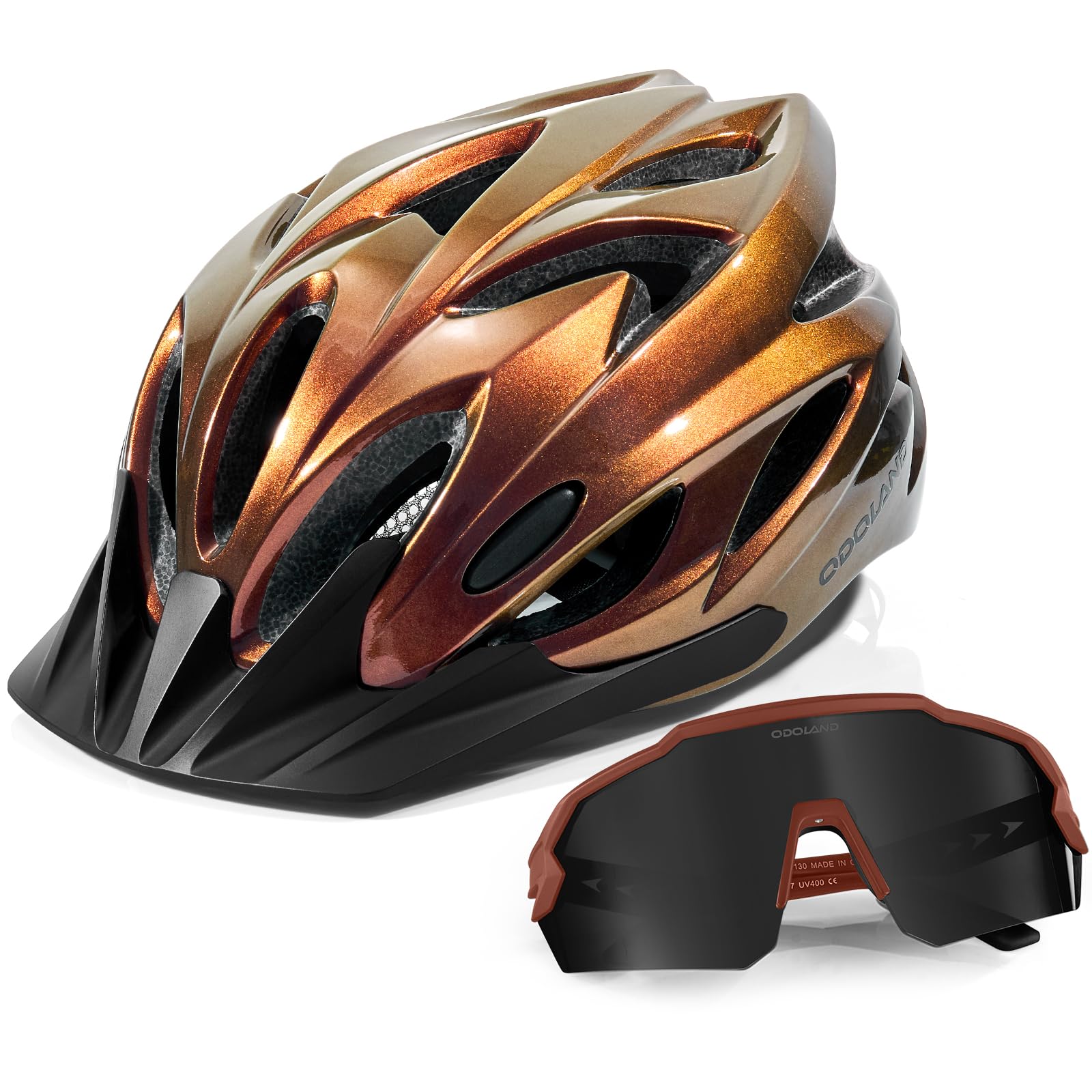 Odoland Flash Bike Helmet with Cycling Sunglasses - Adult Cycling Helmets for Road Bike Mountain Bike - Adjustable Lightweight Cycling Helmet for Men and Women Illusionary Gold โ image 1