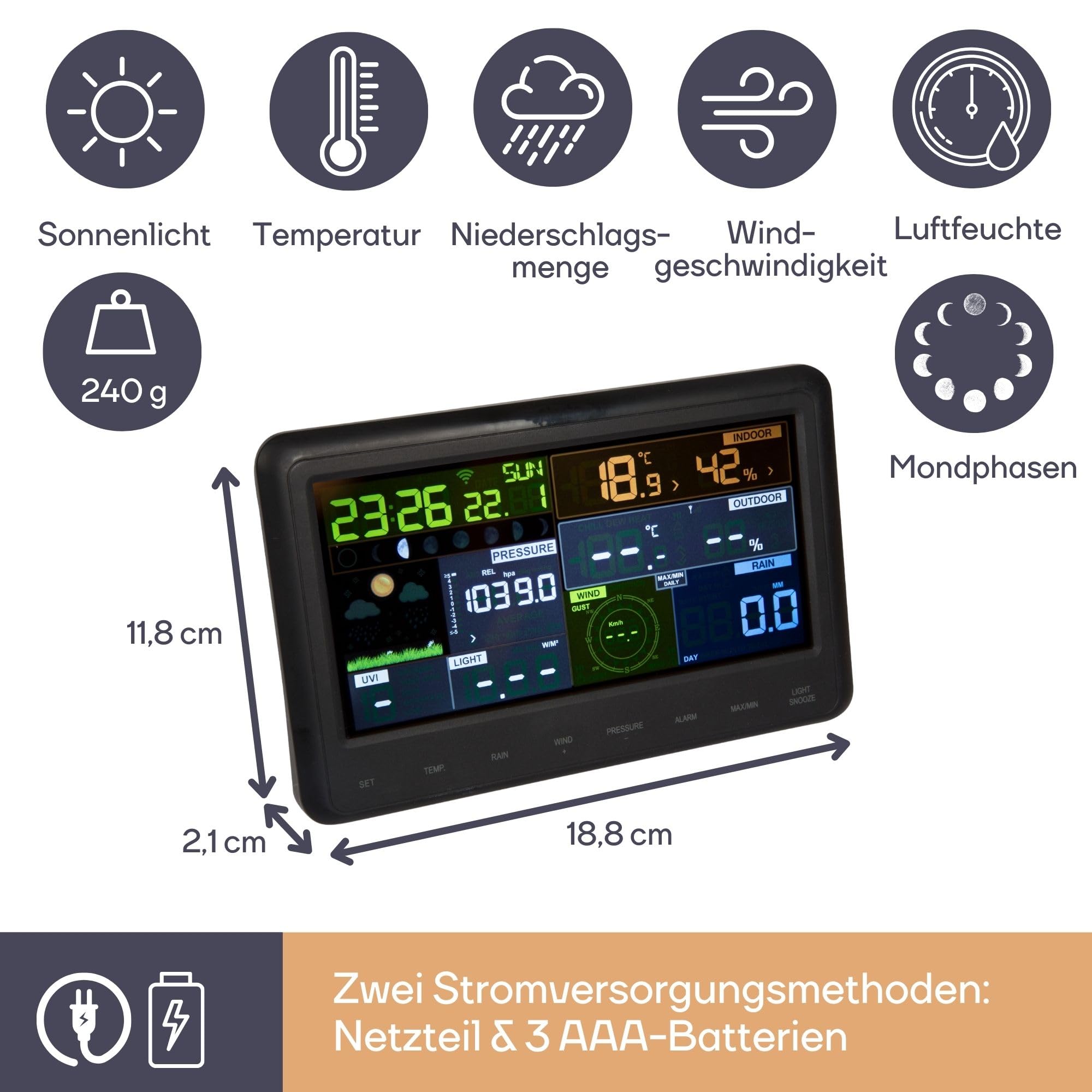 Perel Wetterstation mit Außensensor, Wetterstation Funk, Funkwetterstation groß, Wetterstation batteriebetrieben, WLAN, Wettervorhersage, Thermometer, Regen- und Windmesser, Farbdisplay