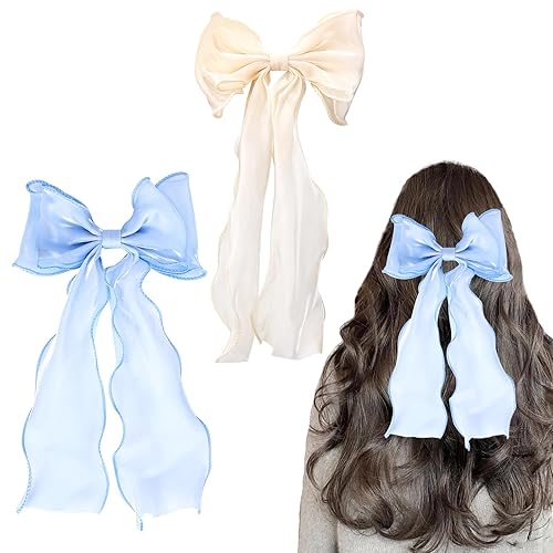 2 lazos para el pelo para mujeres y niñas, pinzas de lazo para el pelo grandes, color sólido, lazo de satén de seda, clip de pelo de lazo de seda de