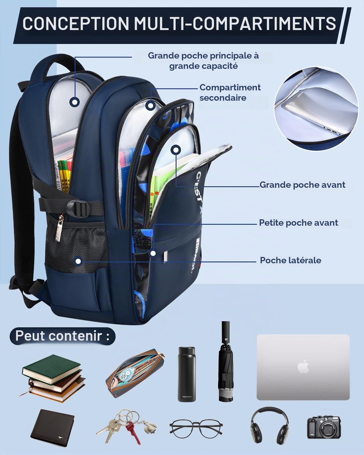 Amythe Sac Ecole pour Adolescent Enfants, Cartable Garcon Primaire Grande Capacité Loisir Sac à Dos pc Portable Imperméable, Sacs D'école Mode Idéal pour L'école et Les Voyages, Bleu foncé