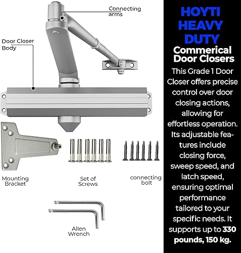 Miniatura 2 de HOYTI - Cierrapuertas comercial, mecanismo de cierre de puerta resistente de grado 1, cierrapuertas automático montado en superficie, control