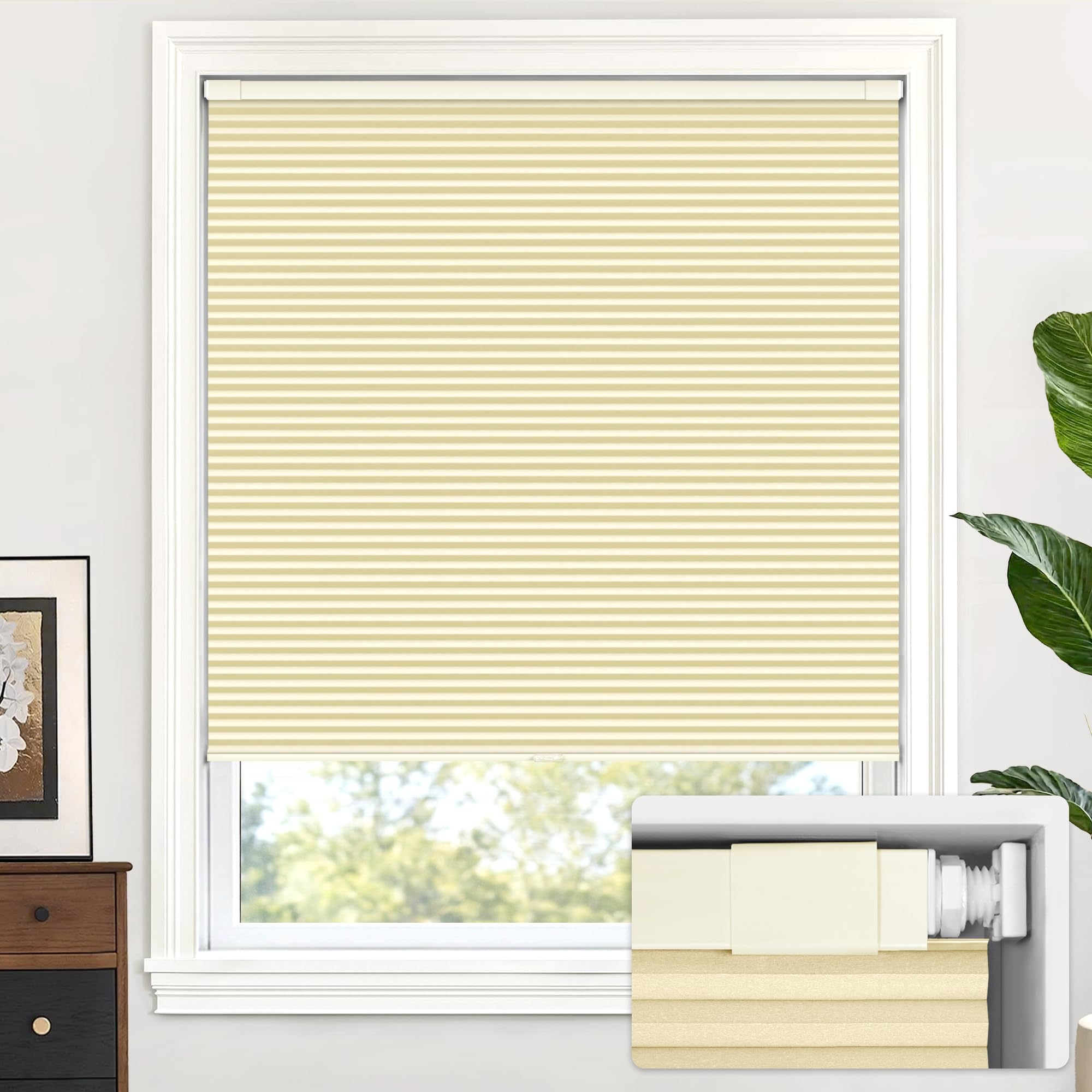 LazBlinds Cordless Cellular Shades, No Tools No Drill Blackout Honeycomb Shades Pleated Blinds for Windows, 21" W x 64" H, Soft Cream