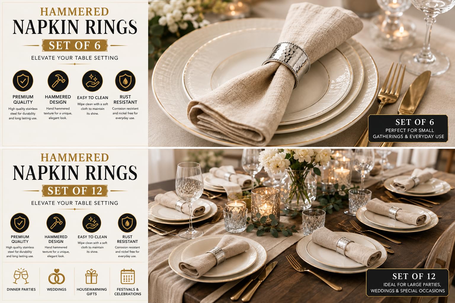 ITOS365 Lot de 12 ronds de serviette en métal martelé avec perles argentées pour serviettes en tissu, décoration de table élégante pour mariages, Thanksgiving, Noël et dîners