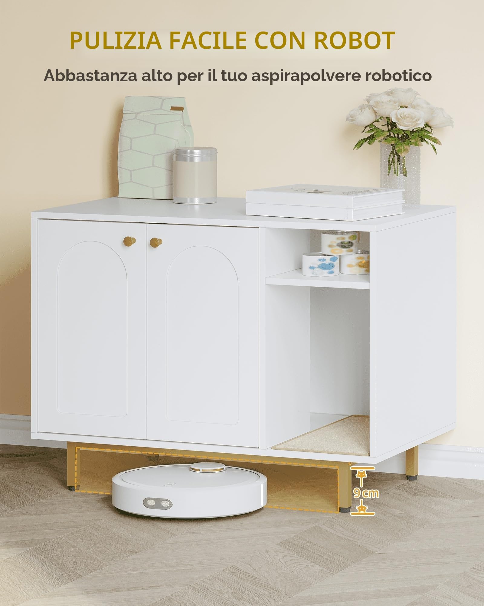 Hzuaneri Mobile Lettiera per Gatti, Mobiletto Lettiera Gatto, Casa per Gatto Multifunzione, Con Porta e Divisorio Separato, Armadietto per Gatti, Facile da Montare, Bianco e Oro 01503GCLB