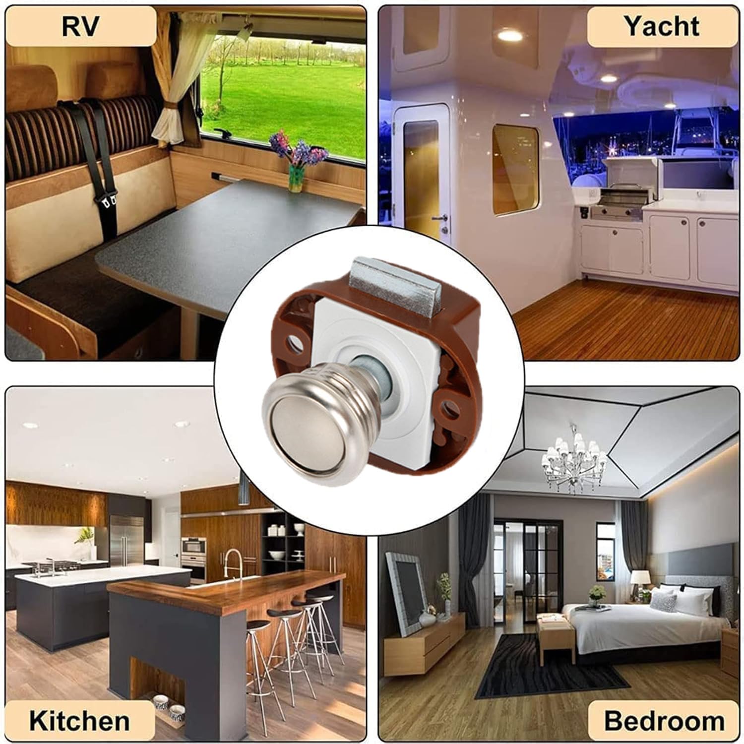 10 Pièces Bouton Poussoir,avec Pièces d'assemblage,pour Porte de Caravane,Van,Yacht Drawer Cabinet,Placard,Tiroir (Marron)