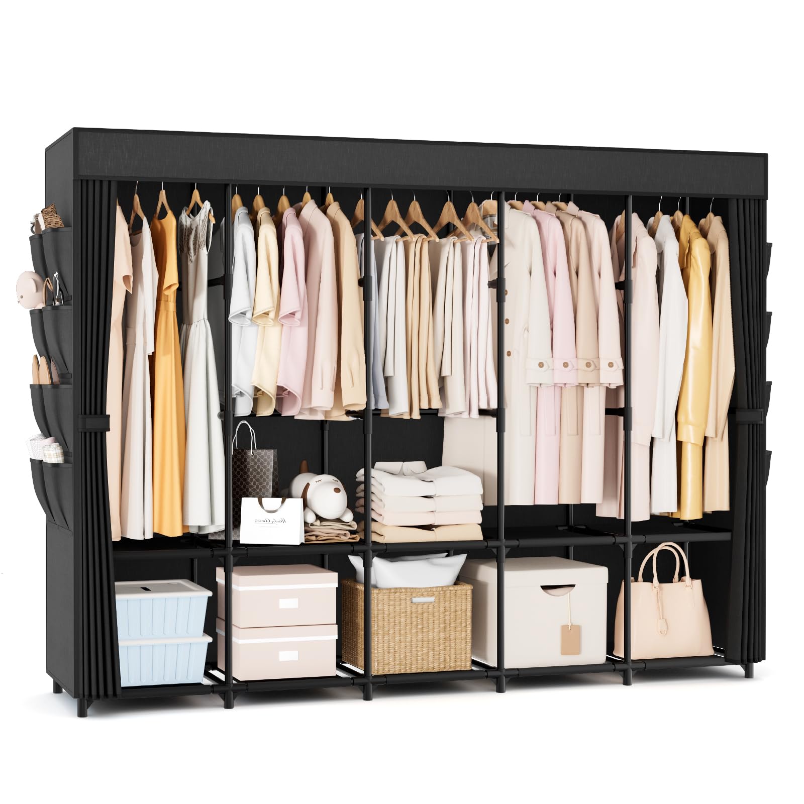 Vicye Armoire Chambre Adulte Tissu, Penderie Vetement Grande Capacité 210 cm Largeur, Dressing Penderie avec Housse, 10 étagères de Rangement et 5 Barres, Garde Robe Adulte Robuste pour Dressing
