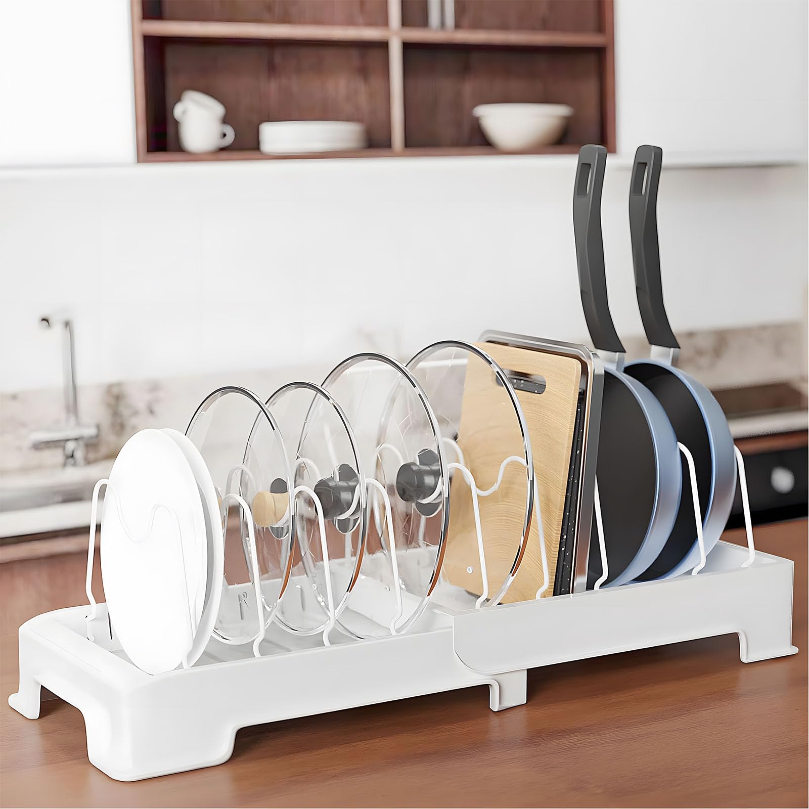Sponsored Ad – Pan Organizer, Adjustable and Expandable Dish Drainer, On Desktop Dish Drying Rack, Pot and Pan Organizer with 9 Separators, No Drips Kitchen Cabinet Organizer for Cutting Board, Cookware