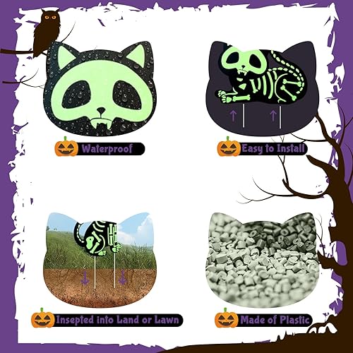 Miniatura 2 de Decoraciones de Halloween para patio, letreros de gato al aire libre que brilla en la oscuridad, esqueleto de gato con estacas para espeluznante