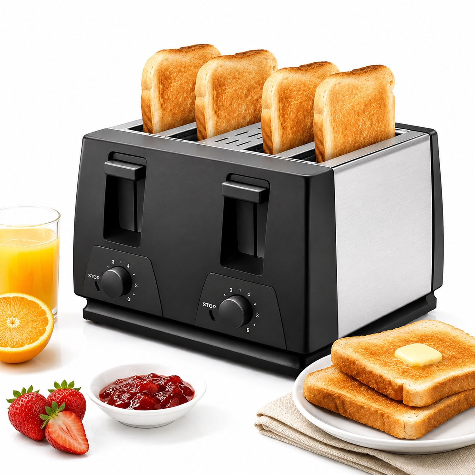 4 slot tostapane con 7 ° impostazioni di marronamento, 35mm slot extra larghe, funzioni di annullamento e riscaldamento, vassoio di briciola rimovibile, acciaio inossidabile, per Bagels French Toast