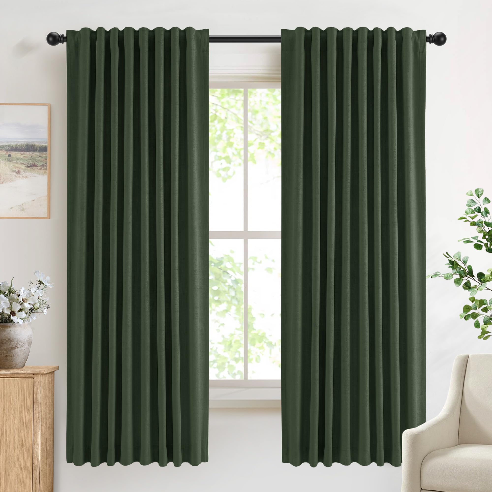 DEFYNEE 100% Blackout Curtains 2 Panels, 50" W x 72" L, Loden