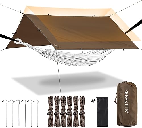 Miniatura 10 de Tienda de campaña de lona portátil multifuncional para mochileros, tela resistente al desgarro, lona para lluvia, refugio ligero e impermeable (lona