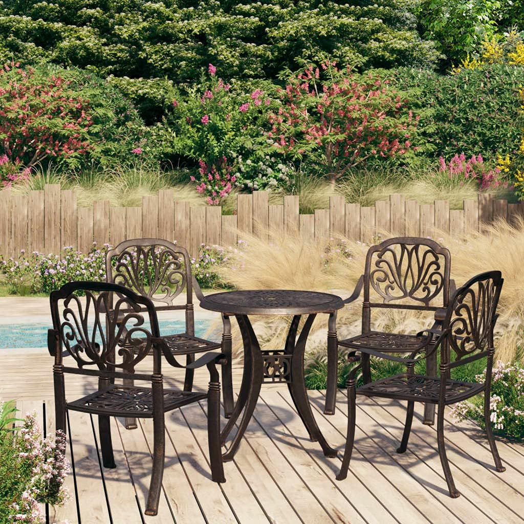 vidaXL 5 Piece Bronze Bistro Set - Cast Aluminum Outdoor Furniture for Patio, Garden Chairs and Table with Umbrella Hole