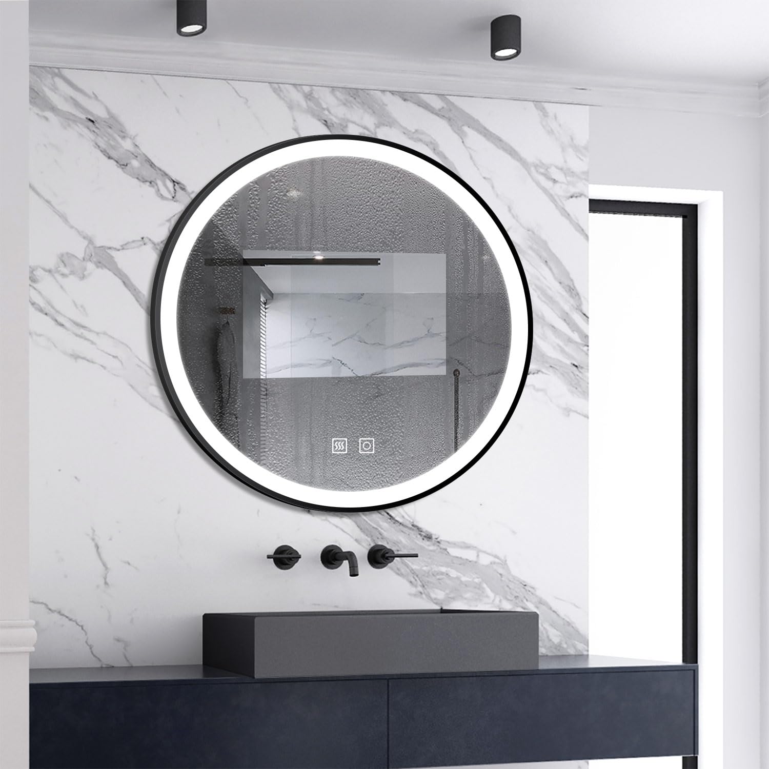 Skybathroom - Espejo de baño redondo LED de 80 x 80 cm, marco negro con 3 colores, brillo regulable, función de memoria, antivaho, IP44