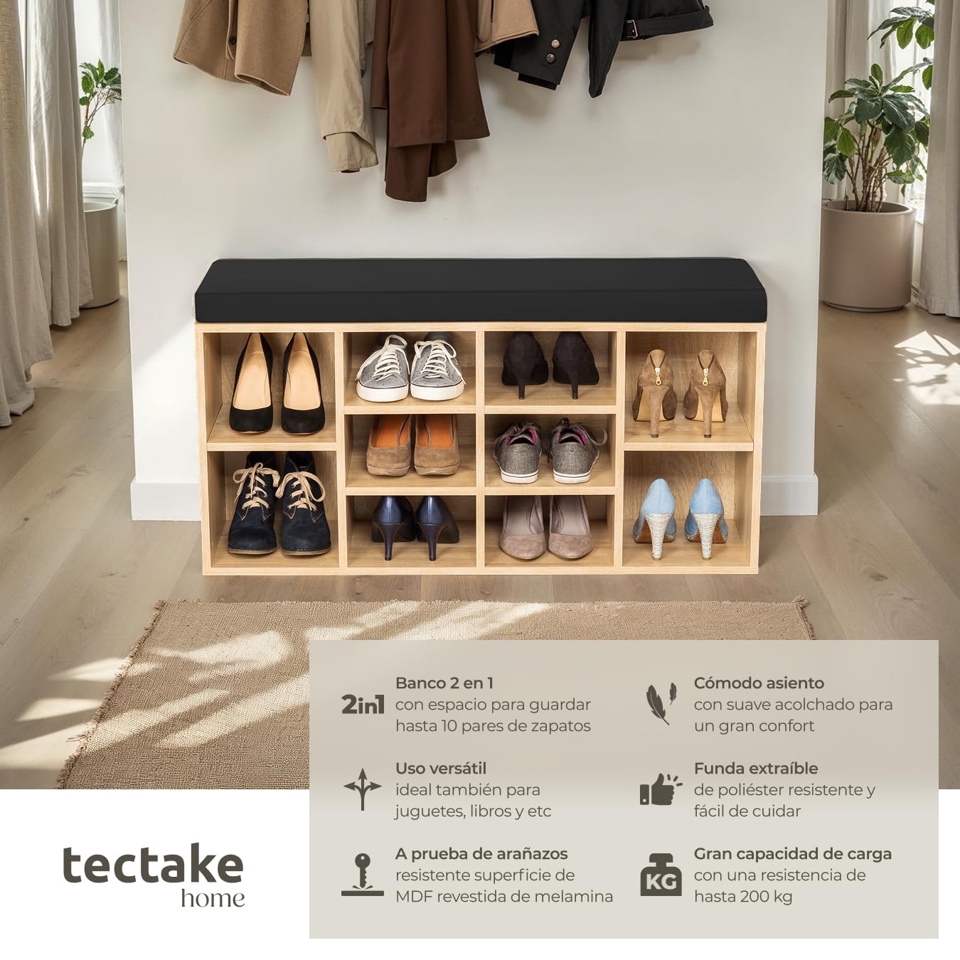 tectake® Zapatero Madera con cojín extraíble, estanteria Zapatero Ajustable, Mueble Entrada recibidor, Organizador Zapatos, Banco Madera para Guardar Zapatos - Negro/Roble Claro