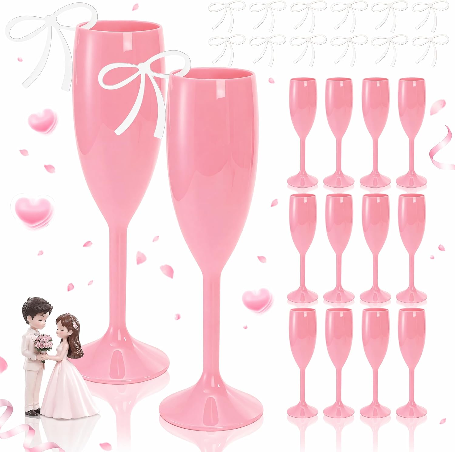 12 Pack Pink Champagne Flutes with Bow Tag, 5 Oz Wine Stemware