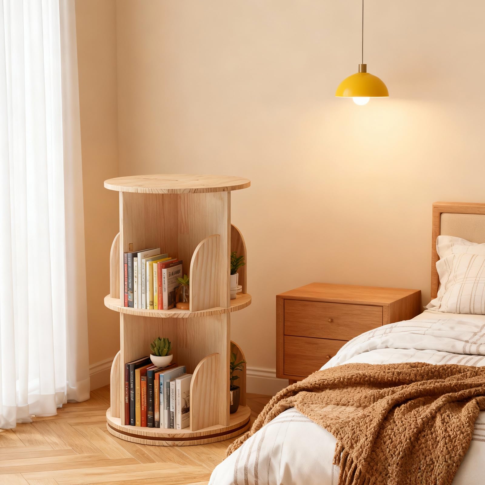 Bibliothèque rotative à 2 étages en bois massif - Étagère debout à 360° - Étagère à livres multifonctionnelle - Étagère de rangement pour enfants et adultes - Diamètre 39 cm - Hauteur 67 cm