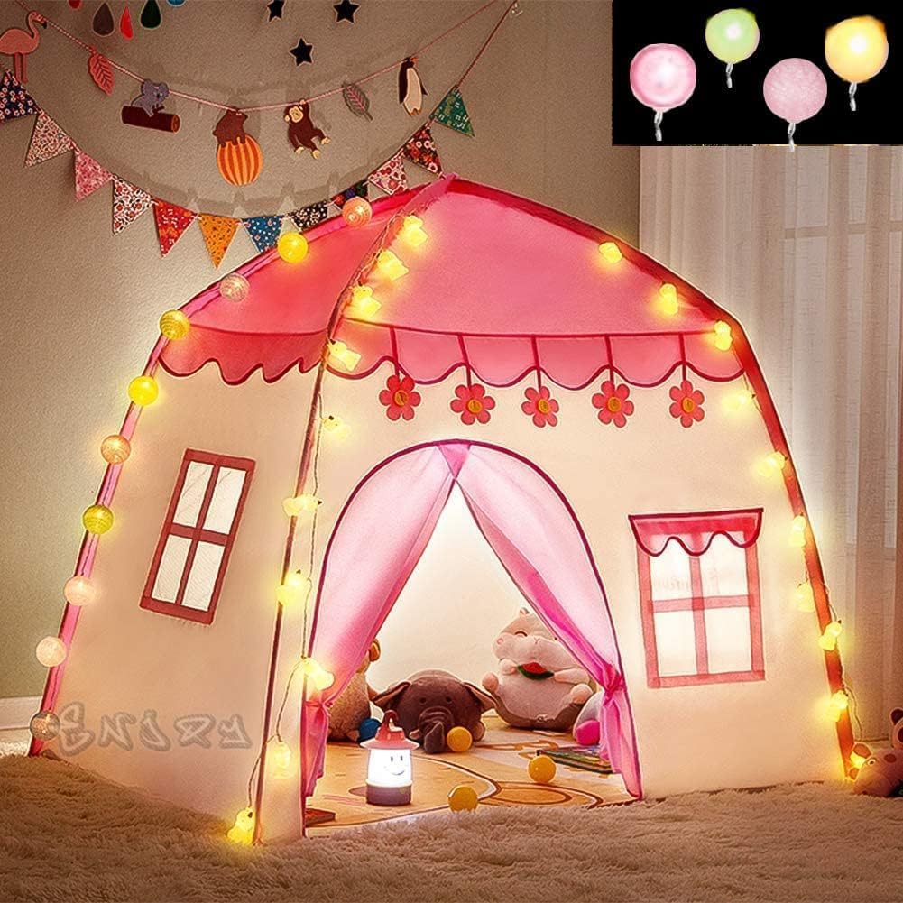KRUZZEL Kinderzelt Spielhaus mit LED-Lichterkette – Rosa/Weiß, faltbar, Indoor & Outdoor