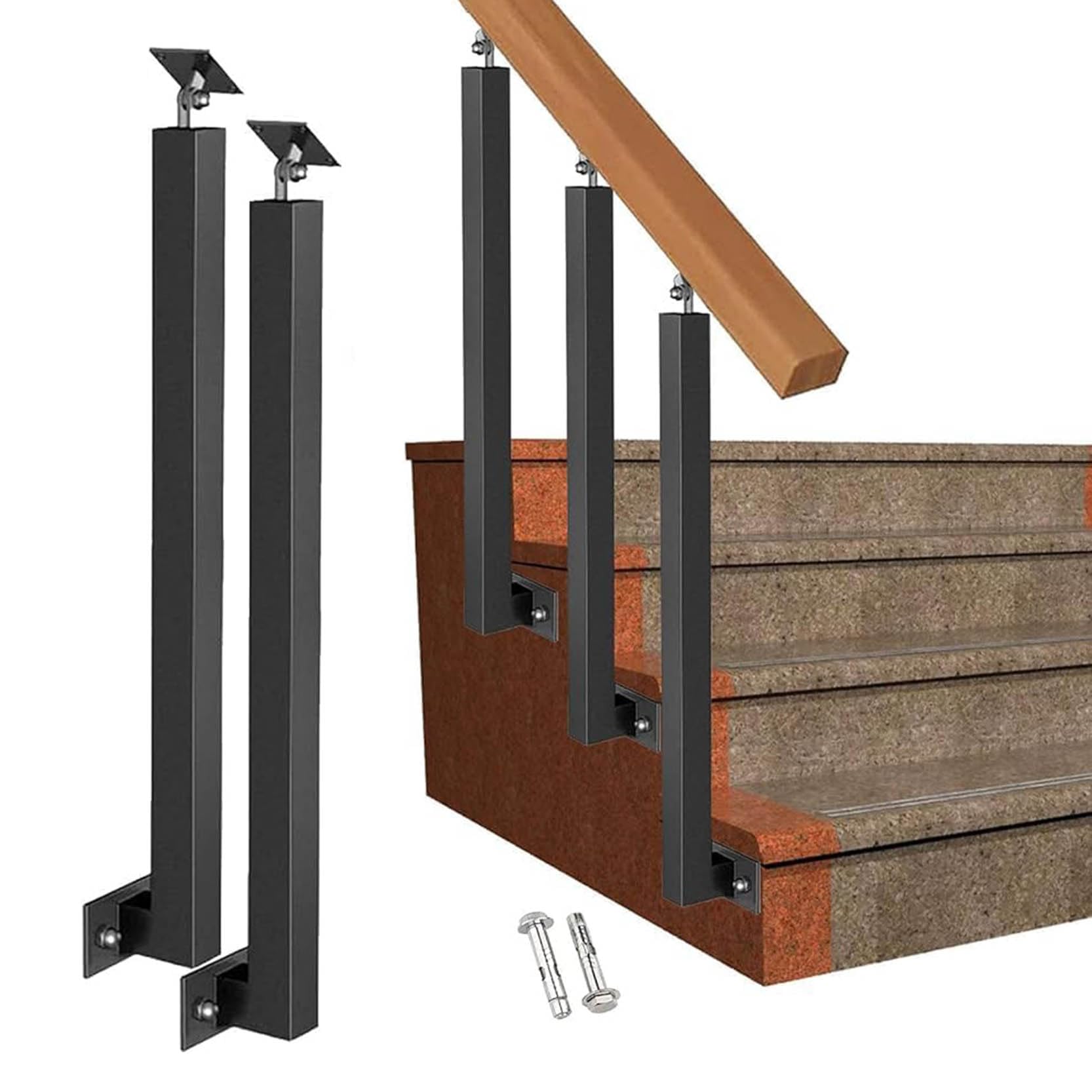 Square Stair Baluster Posts - 270°Adjustable Metal Railing Spindles with Flat Bracket Base,Black Iron Banister Posts for Deck, Balcony, Stair, Decor Railing(Size:3.28ft/100cm,Color:2 Pack Side Mount)