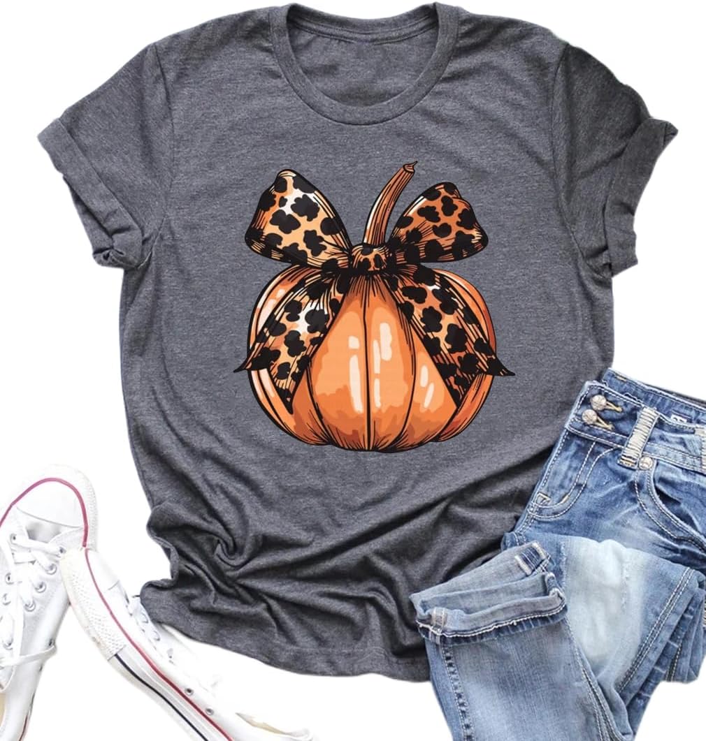 Fall Shirts for Women Pumpkin with Leopard Coquette Bow Casual Graphic Tops Halloween Shirts Cute Tee
