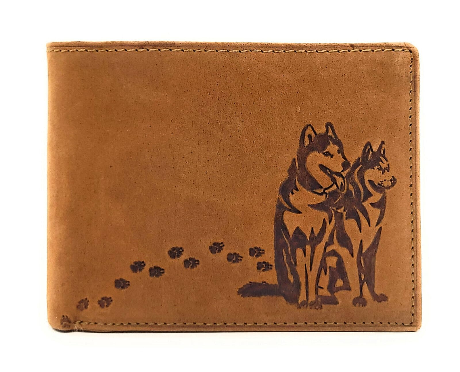 Lemasi echt Leder Geldbörse Portemonnaie Huskies Husky Hunde mit RFID NFC Schutz (Husky Cognac quer)