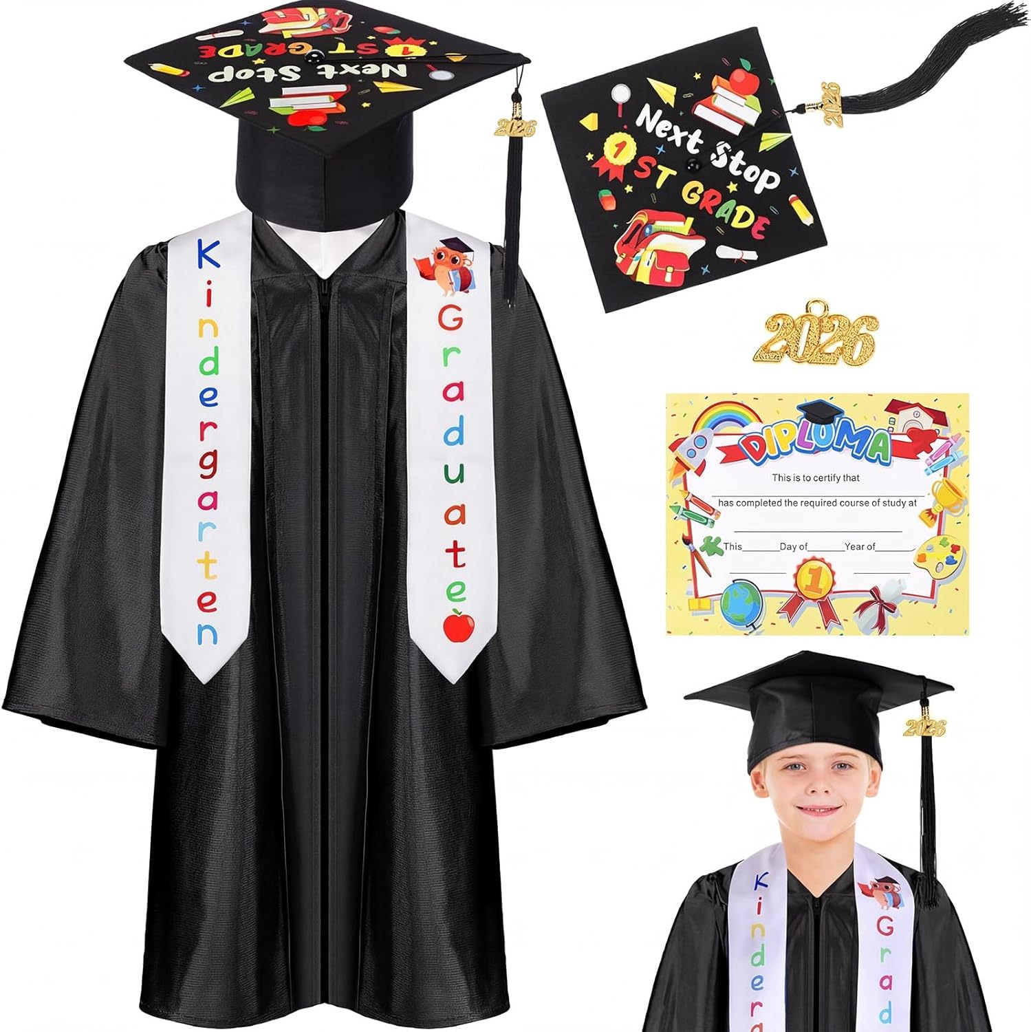 Retisee 7 Pieces 2026 Kindergarten and Preschool Graduation Cap Gown Stole Set with 2026 Tassel Diploma Grade Graduation