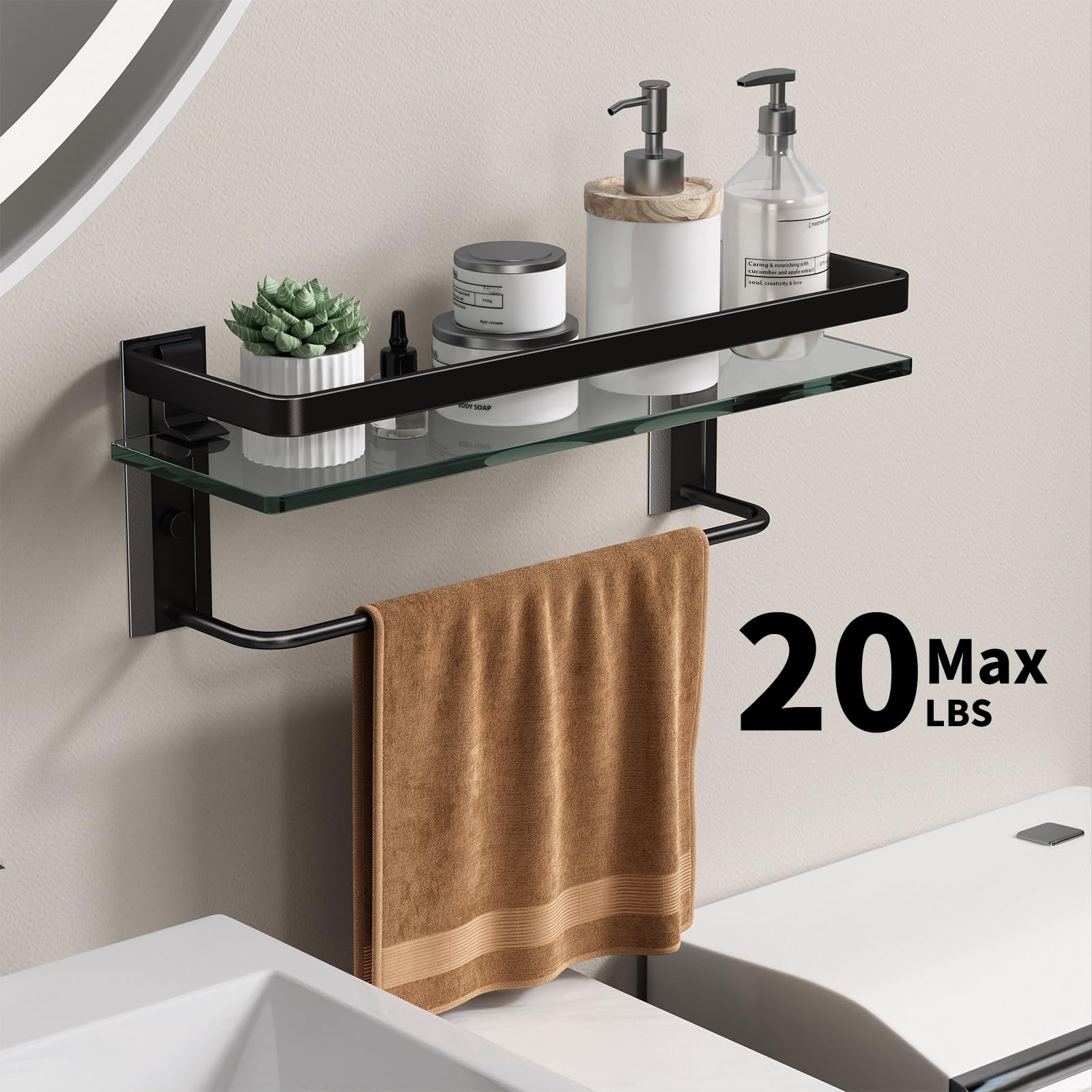 Danpoo Estantes de baño de cristal montado en la pared con toallero, estante organizador de baño, color negro