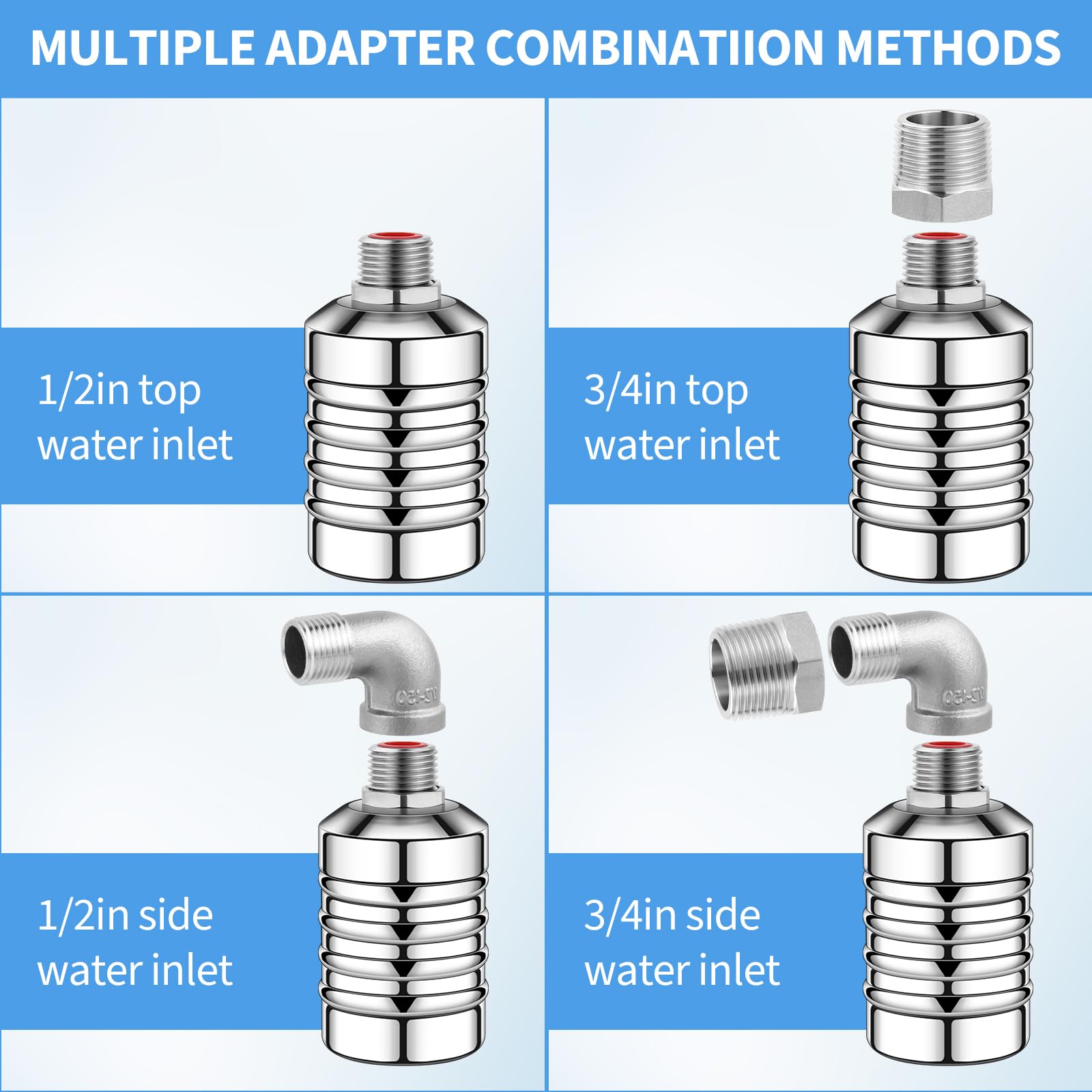 4 válvulas flotantes de agua para tanque de agua, válvula flotante de acero inoxidable 304 de 1/2 a 3/4 pulgadas, sistema de agua automático Aquapulse, válvula de cierre de agua totalmente automática