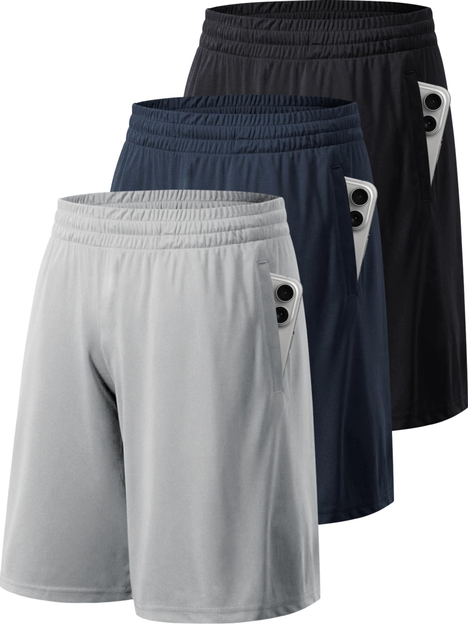 miijoory 5 stuks Sportshorts voor heren,atletische shorts met zakken en elastische tailleband, sportbroek voor heren, sneldrogende trainingshorts (3XL, Zwart, Zwart, Donkergrijs, Donkergrijs, Navy
