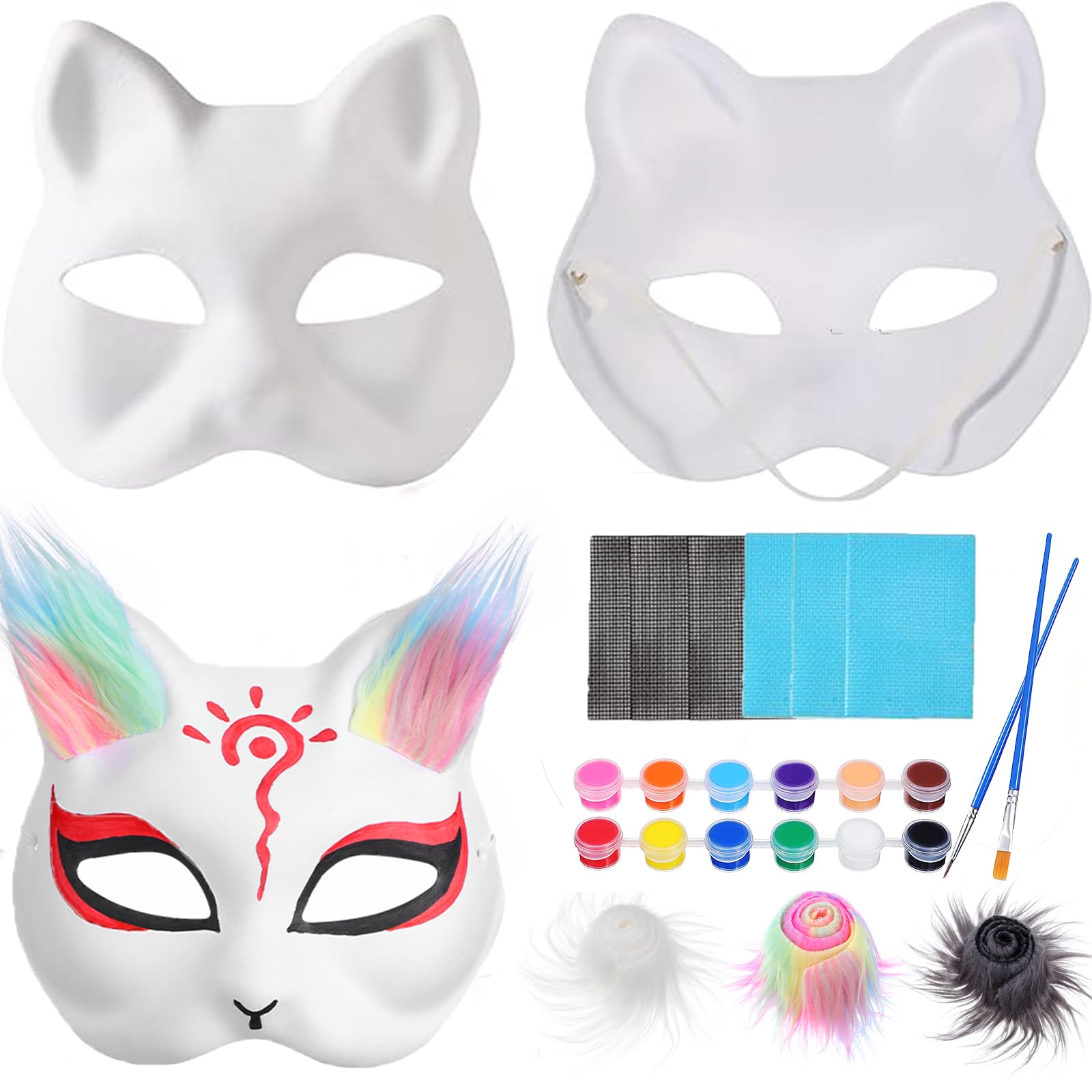 AwleynzCat Mask with Fur and Eye Mesh, 3Pcs Therian Masks, White Cat Mask to Paint, DIY Animal Mask, Paper Blank Masks for Crafts Halloween Masquerade Party Favors Face Dress Up Mask