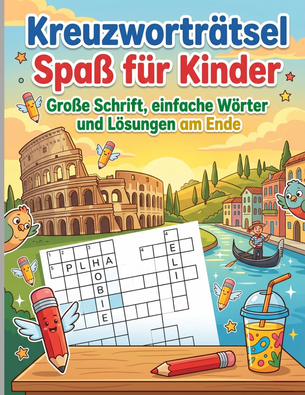 Kreuzworträtsel Spaß für Kinder: Große Schrift, einfache Wörter und Lösungen am Ende