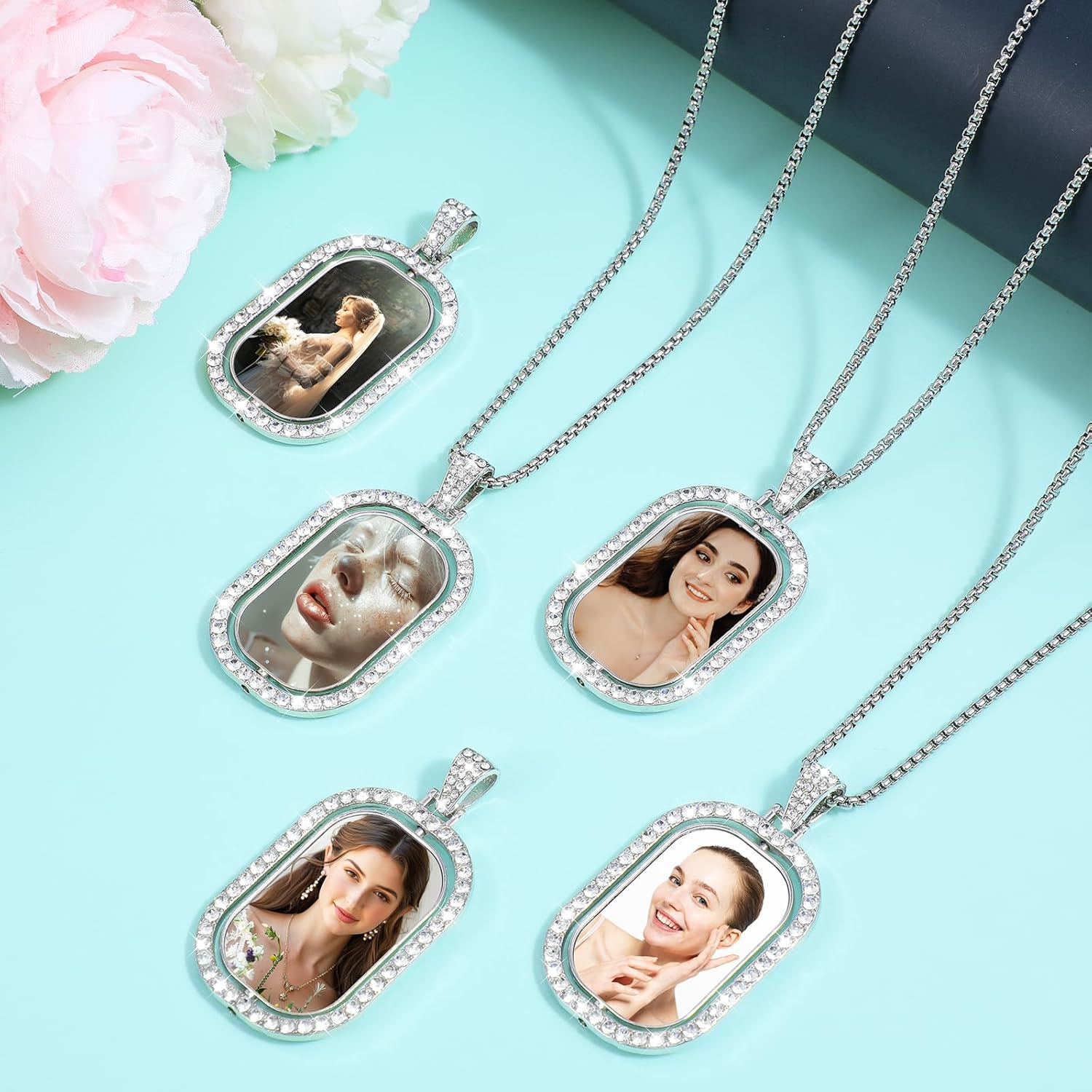 60 Pcs Sublimation Rhinestone Trays Pendant Set, Including 10 Double Sided Blank Rhinestone Bezel Trays, 10 Pcs Thick Chains with 20 Sublimation Discs and 20 Adhesive Sheets for Making (Silver) - Image 4