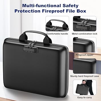Fireproof Document Box, Hard Case Fireproof File Organizer with Lock and 13 Pocket Accordion File Folder, Portable Safe Box for Home Office Travel to Storage Important Documents Laptop Black