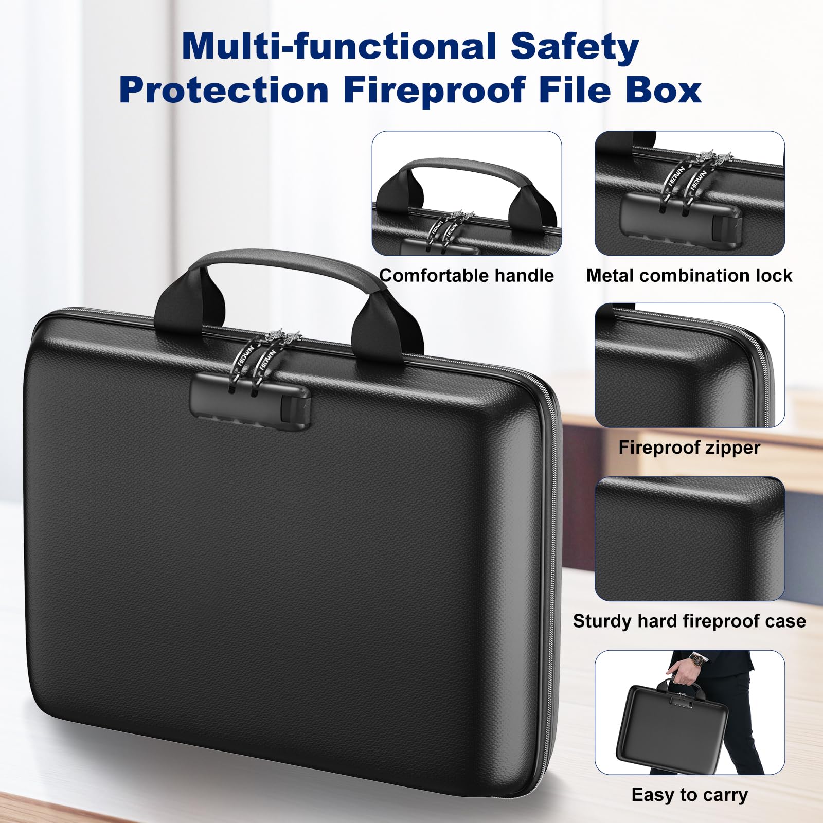 Feuerfeste Dokumentenbox, Hartschalenkoffer, feuerfester Aktenordner mit Schloss und 13 Taschen, Akkordeon-Aktenordner, tragbare Safe für Zuhause, Büro, Reisen, zur Aufbewahrung wichtiger