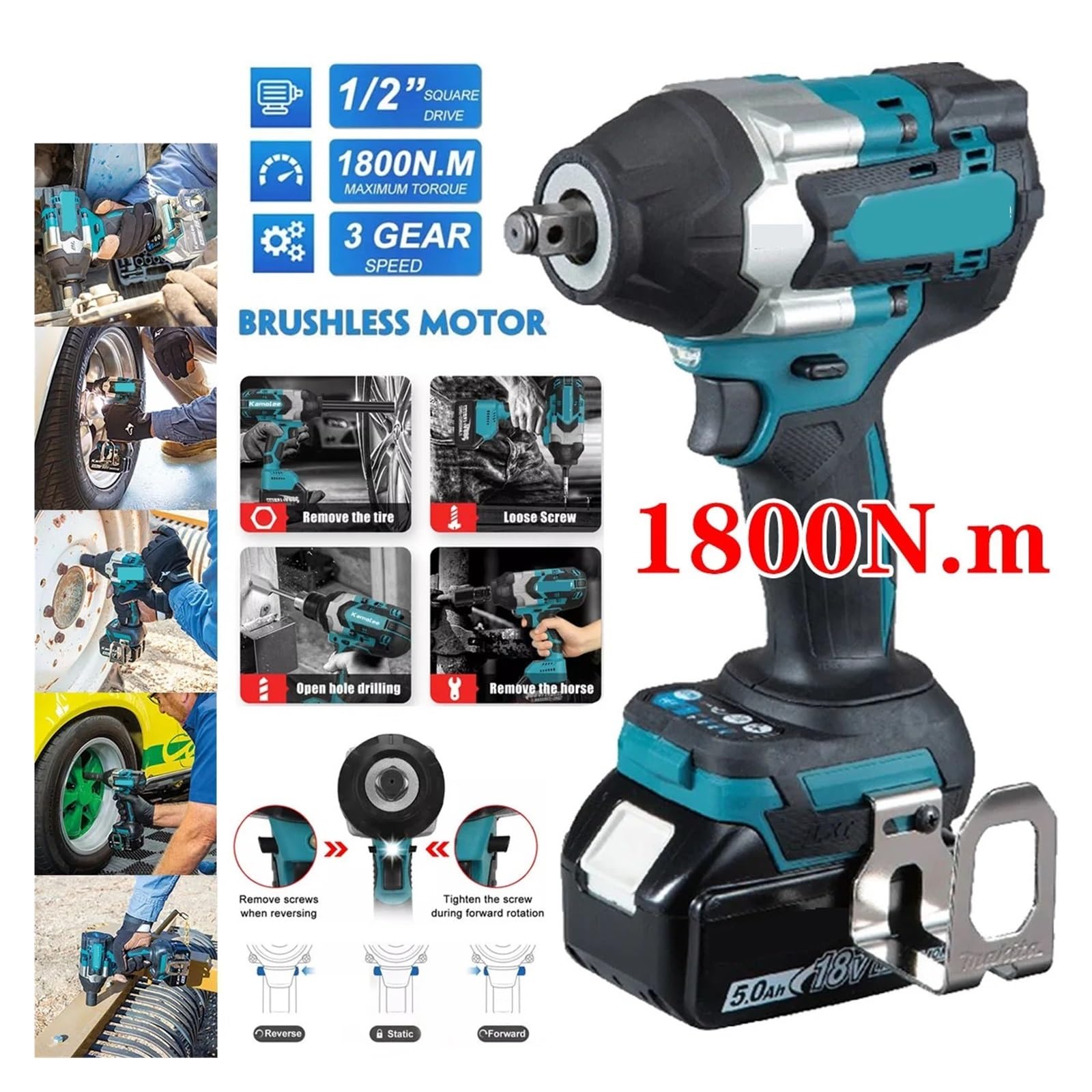 Llave de Impacto Llave De Impacto Eléctrica Sin Escobillas del Esfuerzo De Torsión DTW700 De 1800 NM Batería De Iones De Litio del 1/2 En For La Batería De 18V(2x5.0Ah Bat Carton)
