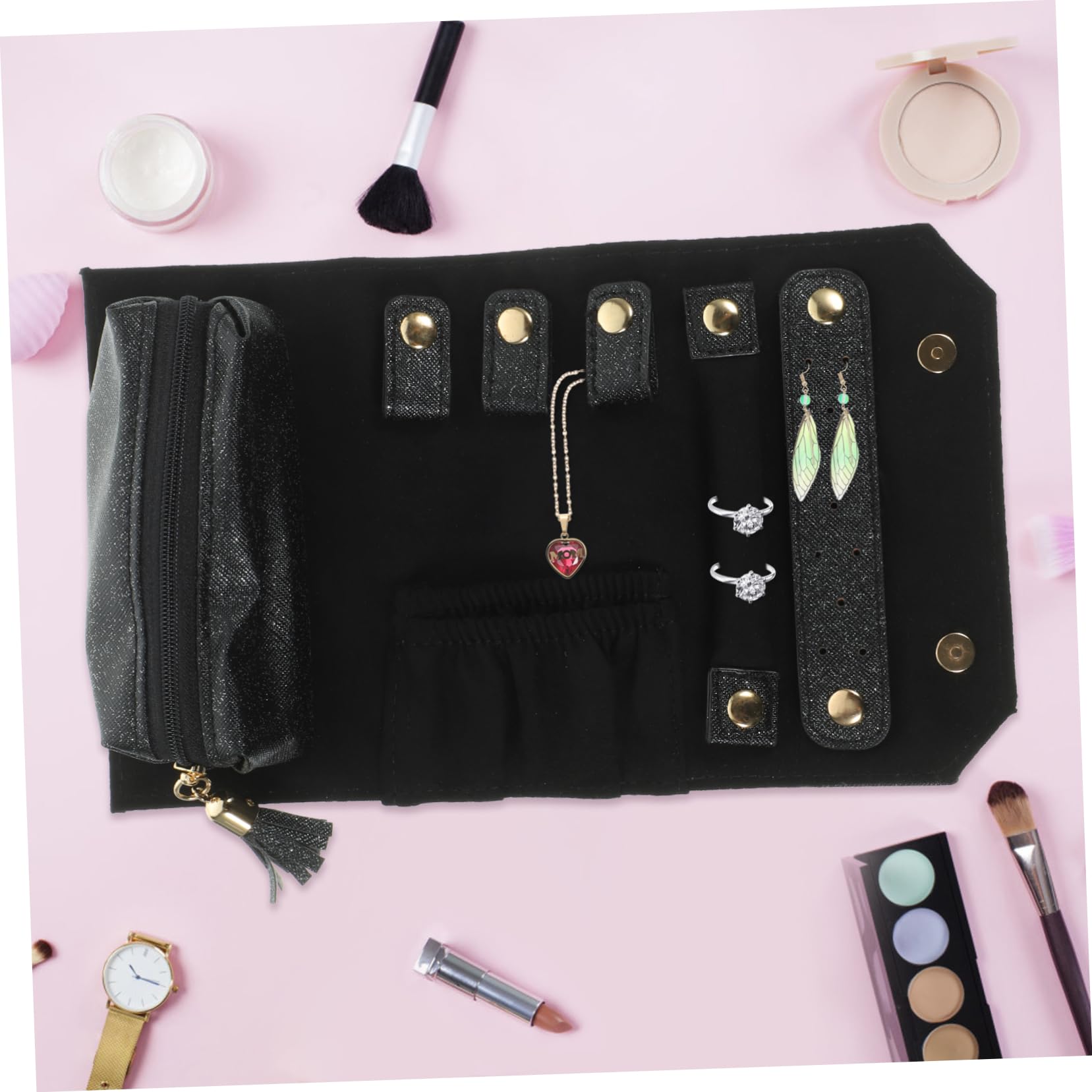 Cabilock Jewelry Travel Organizer Foldable Pu Jewelry Bag Capacity for Safe Storage Portable Roll-up Design for Traveling and Everyday Use Stylish Glitter Finish