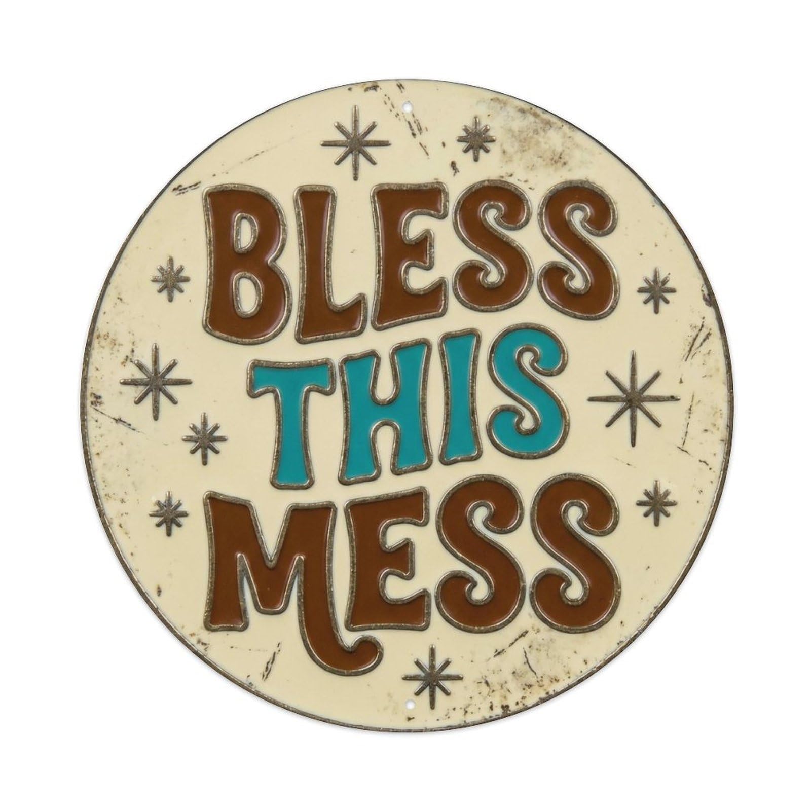 Bless This Mess Vintage Living Ornament Retro Slogans Metal Tin Sign Plaque Wall Decor for Cafe, Club Bar, Office, Home Garden Round Metal Poster 8x8Inch
