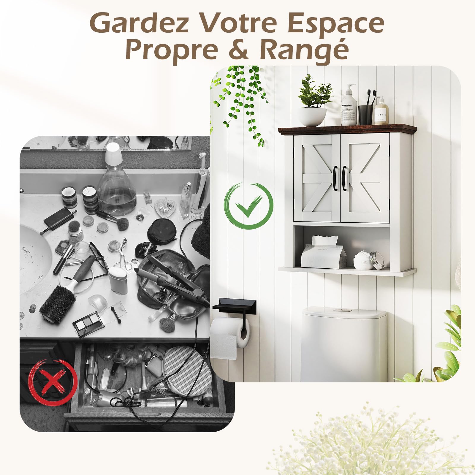 COSTWAY Armoire Murale Salle de Bain, Meuble WC Suspendu avec 2 Portes, Étagère Réglable, Compartiment Ouvert, Style Ferme, Placard de Rangement pour Toilette, Salon, 55 x 19 x 60 cm (Blanc)