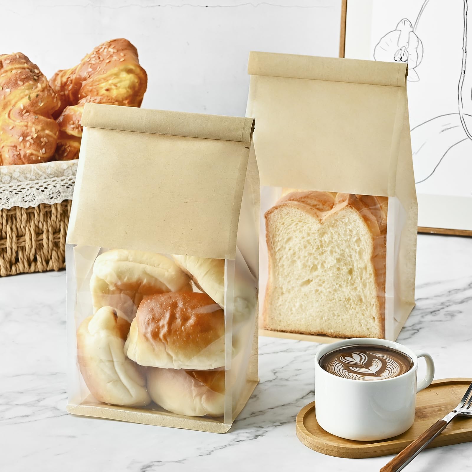 50 bolsas de pan para panes caseros, 5.1 x 3.9 x 11 pulgadas, bolsas de panadería de papel kraft marrón con bloqueo de estaño con bloqueo de estaño para pan de masa madre con ventana, 4