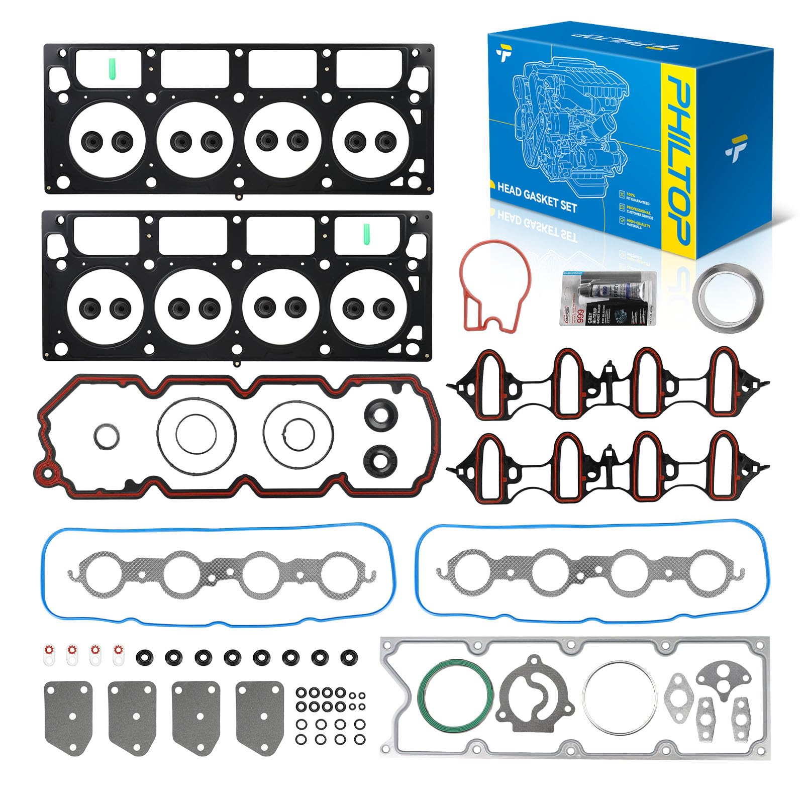 PHILTOP HS26190PT-2 Head Gasket Set Kit Fit for Chevy Silverado GMC Sierra 1500 2005-2013, Avalanche 2007-2013, Tahoe Suburban Yukon XL 1500 2007-2014, for 4.8L 5.3L Engine Cylinder Head Gasket Kit