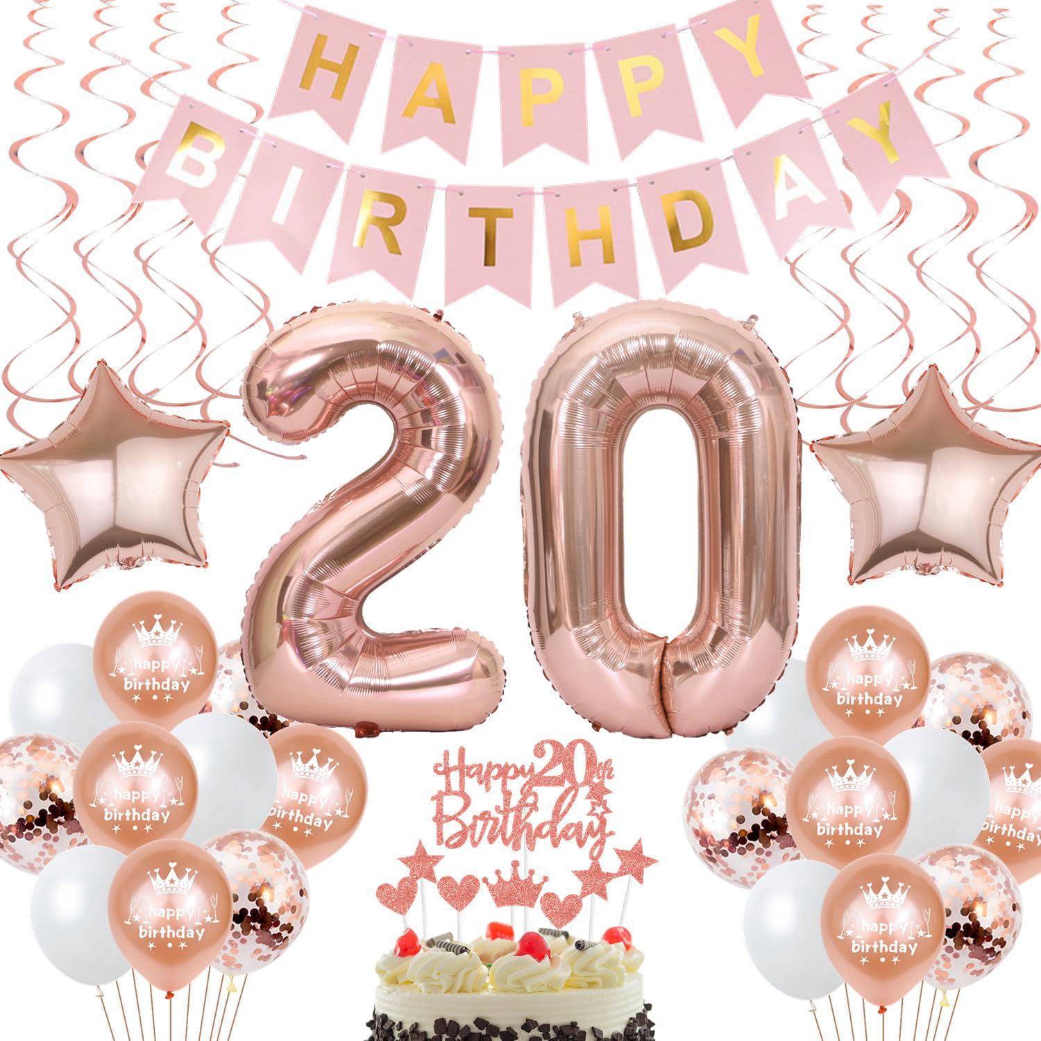 Set Decorazioni Compleanno 20 Anni Donna Oro Rosa – Palloncini Numero 20, Ghirlande E Accessori Per Torta – Kit Festa Completo - 3