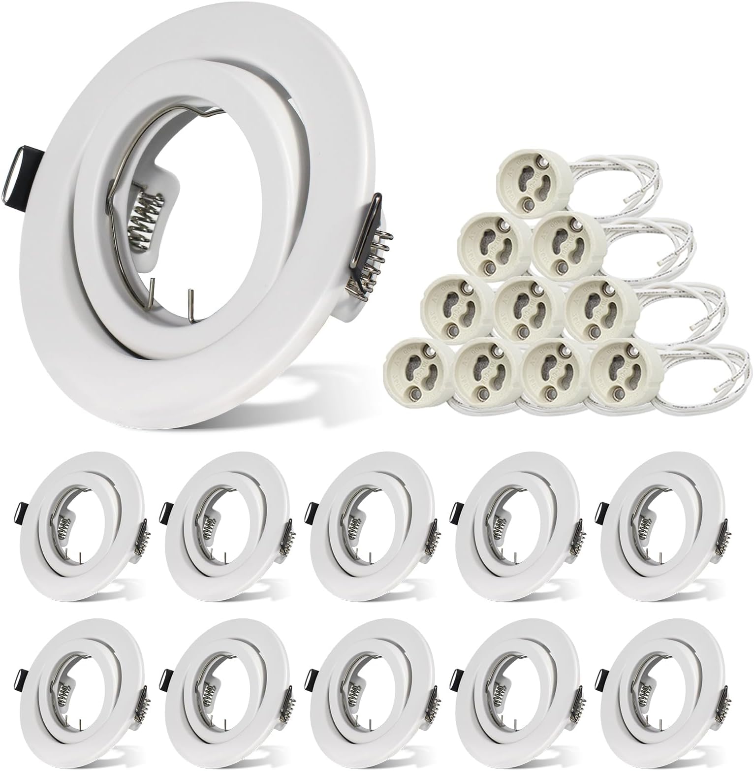 10x Recessed Ceiling Light Mounting Frame with GU10 Lampholder Round White Recessed Spotlights Fitting GU10 Downlight Frame for Bedroom, Outer Diameter: 98mm, Cutout Ø76-90mm, No Bulbs