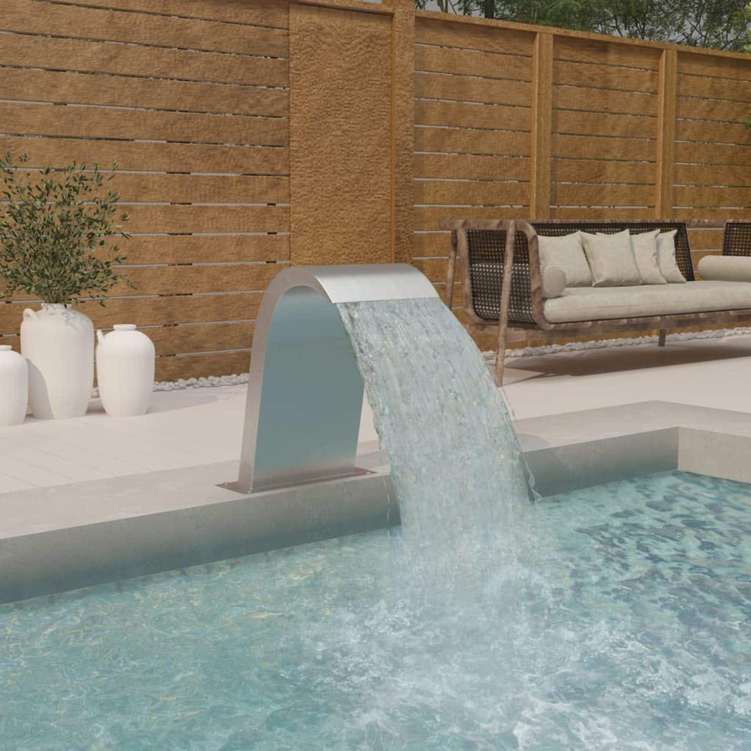 DEHIWI Fontana a Cascata da Giardino per Lagnetto e Piscina in Acciaio Inox,Fontana da Giardino,Disegno Curvo Fontana Laghetto,Cascata Laghetto,500x600mm