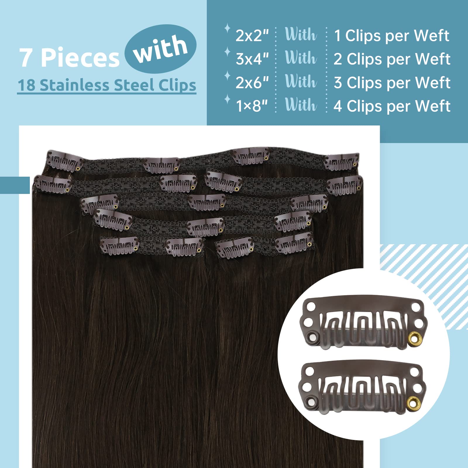 Fshine Capelli Veri Clip Extension 7 Pezzi 120g 60.9cm Extension Castano Scuro Capelli Veri per Donne Lungi Professionali Extension Lisci Capelli Colore 2 Clip in Hair Extensions Remy Human Hair
