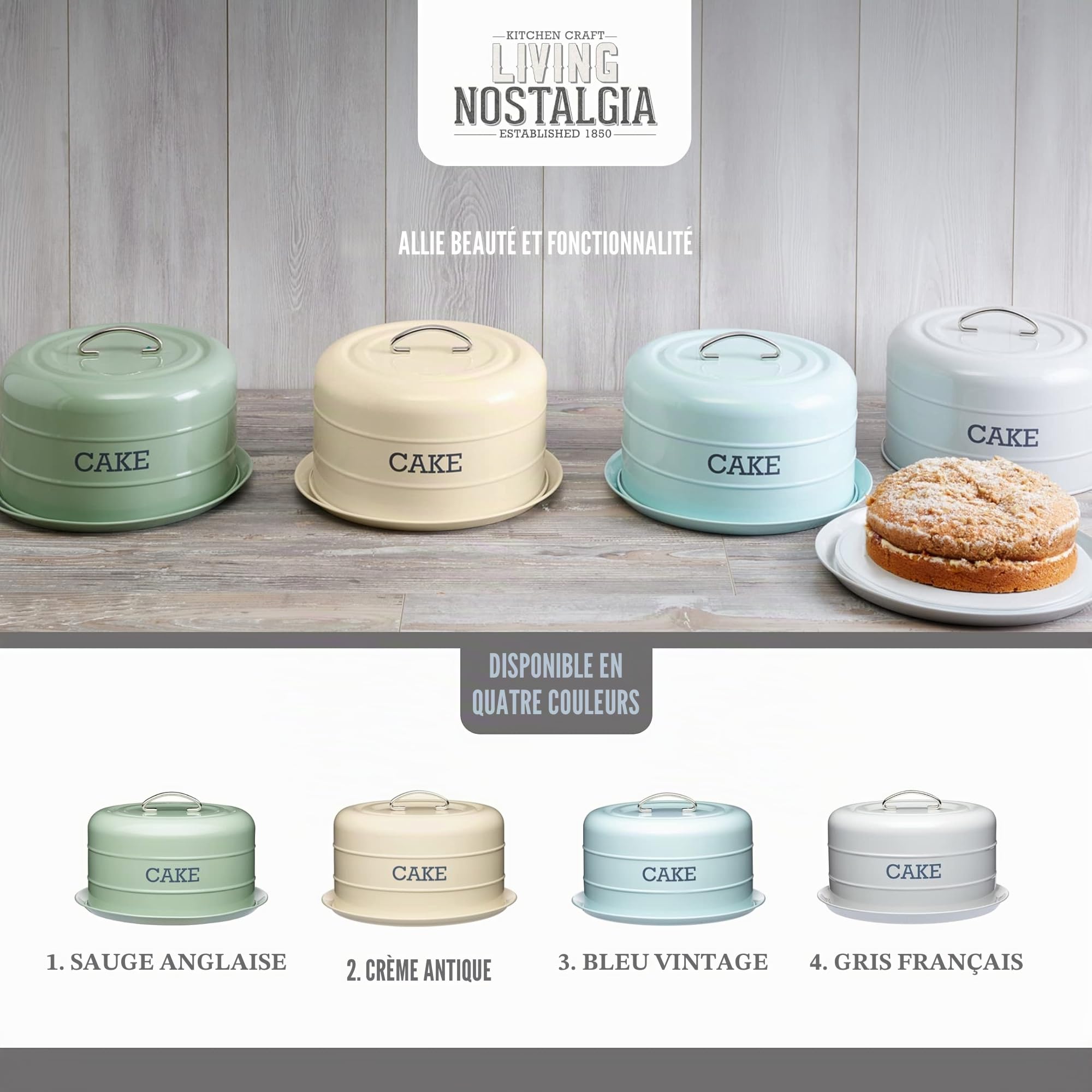KitchenCraft Living Nostalgia Cake Tin Storage, Boîte De Conservation Hermétique Pour Gâteaux / Dôme À Gâteaux, 28,5 X 18 cm, Antique Cream