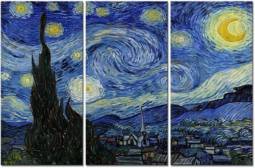 iKNOW FOTO Lienzo grande de 3 paneles, arte de pared, noche estrellada por Van Gogh, famosas pinturas al óleo, reproducción moderna de lienzo